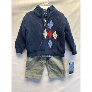 IZOD Baby Boy 3 Piece Argyle Sweater Set Plaid Shirt Pants 6-9 Mo. NWT MSRP $65